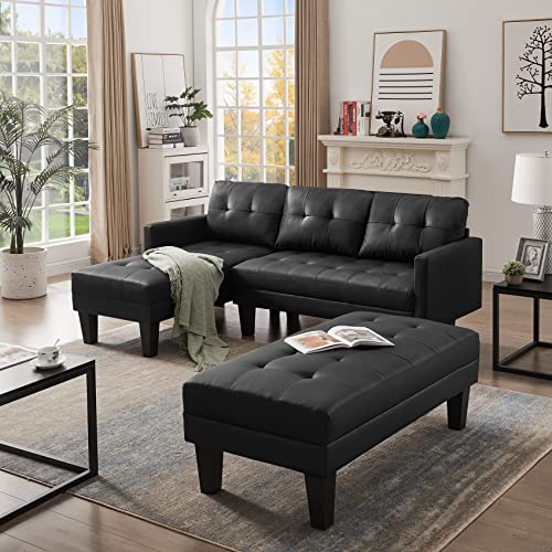 L Shape Sectional Sofa Couch with Ottoman Bench, Olela Sectional 3 Seat Sofa Set,Reversible Chaise Lounge Tufted Faux Leather Black