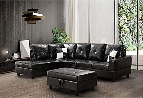 kupet Leather Sectional Sofa Couch for Living Room with Left Chaise & Ottoman & 2 Pillows, Black