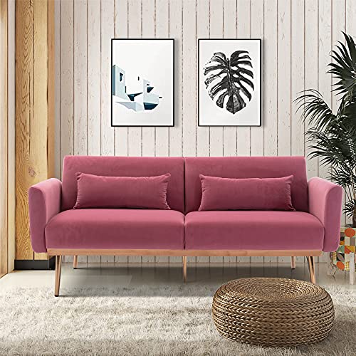 Velvet Futon Bed Couch, Velvet Upholstered Mid Century Sofa Sleeper for Living Room, Sectional Sofa Set Including Metal Legs and Cozy Upholstery Sofa Bed (Pink II)