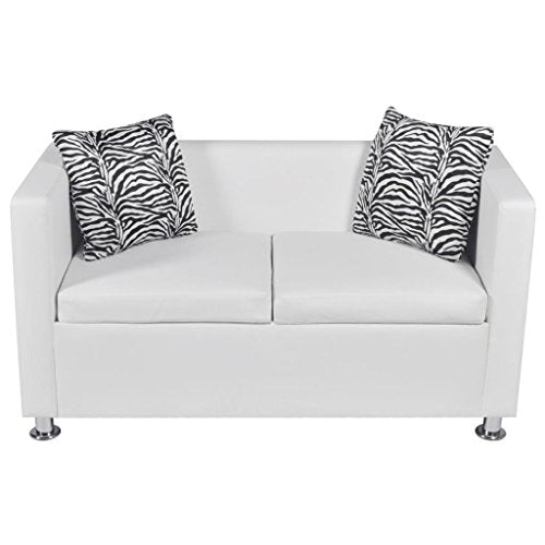 2-Seater Sofa | Modern 2-Seat Sofa Couch with Metal Legs | Faux Leather Living Room Sofa with 2 Pillows | White Artificial Leather 47.2