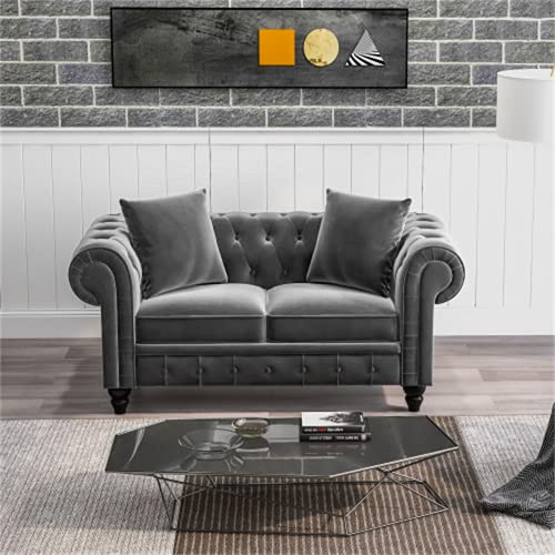 Modern Tufted Velvet Fabric Sofa Couch Upholstered, Sectional Sofa Bed for Living Room Small Space, l Shaped 2 Seats Small Space Loveseat Sofa +2 Pillows, Dark Grey