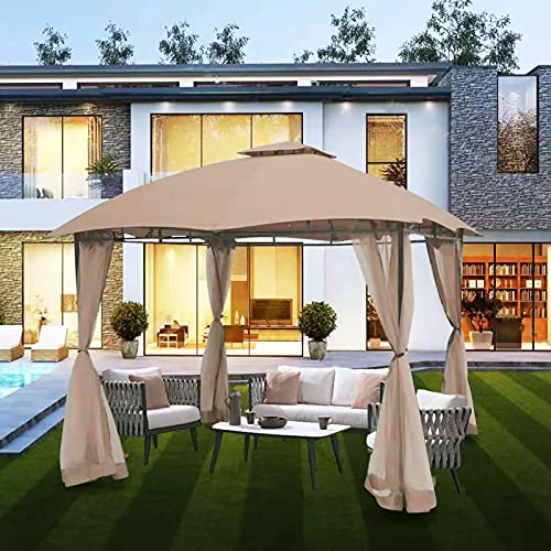 FAB BASED 10x10 Gazebo for Patio, Double Vent Canopy Gazebo with Netting, Screen Patio Gazebo Heavy Duty(Khaki)