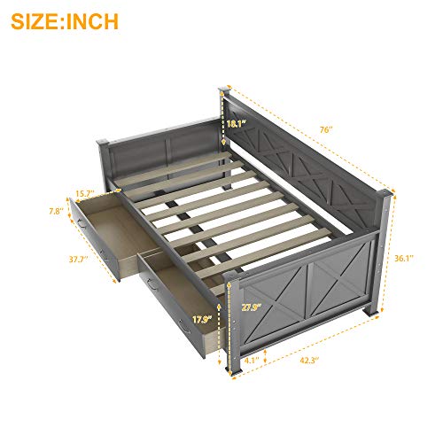 Twin Daybed with Drawers, Wood daybed Frame with Storage,Modern and Rustic Casual Twin Daybed (Gray)