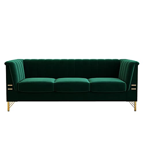 Newly 83.46 Inch Chesterfield Sofa Couch, Modern Velvet 3 Seater Couch with Stripe Back for Living Room, Bedroom, Apartment (Green)