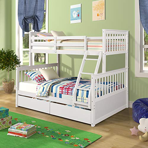 Bunk Bed, Harper&Bright Designs Solid Wood Twin Over Full Size Beds Frame with 2 Storage Drawers, Easy Access Ladder, Safety Guard Rail for Kids Toddlers Boys Girls Bedroom, Guest Room, White