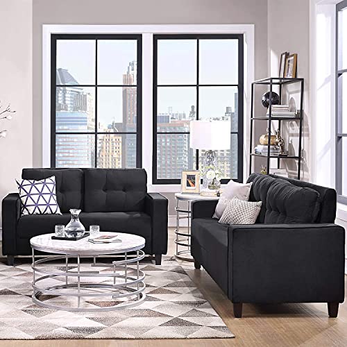 RINIMEI 2 Piece Living Room Furniture Set Include Upholstered Three Seater Sofá & Loveseat, Sectional Sofa Stylish Velvet Tufted Cushion Couch Easy Assemble W/Side Pockets,Black