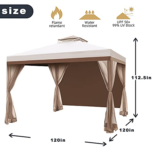 Hofzelt Ocala 10 x 10 Ft Gazebo Double Tier Patio Canopy Steel Frame with 4 Side Mosquito Netting and One Side Curtain (Beige)