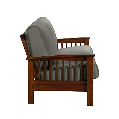 Domesis Mission Style Sofa with Exposed Cherry Wood Frame in Dove Gray Linen