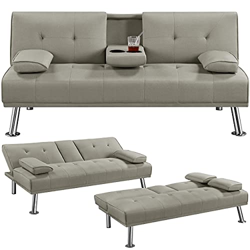 Yaheetech Linen Fabric Sofa Bed Modern Couch Bed Folding Recliner Sleeper Reversible Loveseat Convertible Daybed Sofa w/ 2 Cup Holders Removable Armrests 3 Adjustable Angles 772lb Capacity Beige