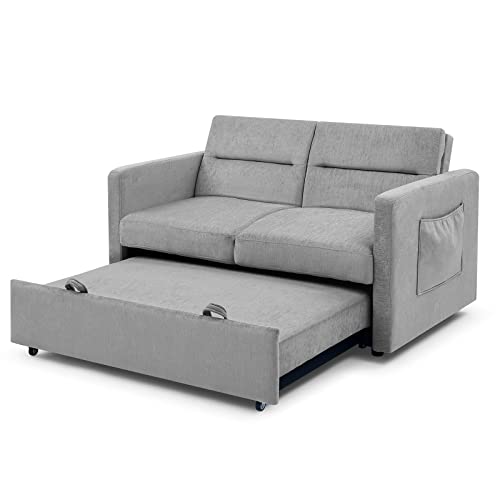 Convertible Sleeper Sofa Bed, Antetek Modern Loveseat Sleeper Sofa Couch with Pull-Out Bed, Small Love seat Sofa Bed with Adjustable Backrest and 2 Side Pockets for Living Room (Grey)