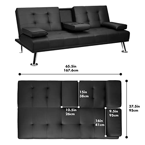 Pawnova Futon Sofa Bed, Modern Faux Leather Convertible Folding Lounge Couch for Living Room with 2 Cup Holders Removable Soft Armrest and Sturdy Metal Legs, Attractive Black
