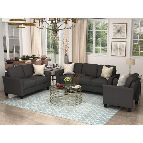 UNIROI Piece Living Room, 3 Seats Loveseat Single Chair Sofa Set, Black