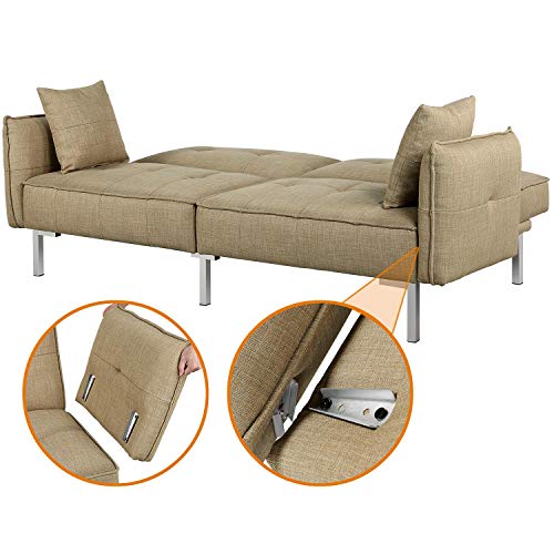 Topeakmart Sofa Couch Bed Daybed Foldable Futon Couch Sets Recliner Sofa Sleeper Living Room Home Office Furniture Linen Fabric Metal Legs 3 Angles Adjustable Khaki