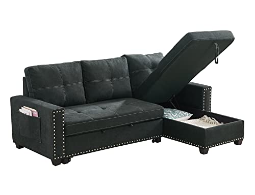 Reversible Sleeper Sectional Sofa with Storage Chaise, Modern L-Shape Sofa Couch with Solid Wood and Fabric Upholstered 2 Seat Sofa, 85'' Sofa Bed for Living Room Furniture Set (Black)