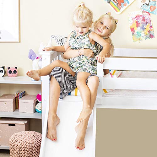 Max & Lily Twin Low Loft Bed with Slide and Blue Curtains, White