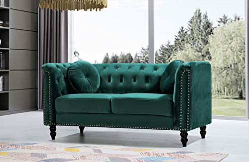US Pride Furniture High Density Foam 64.17'' Wide Emerald Green Velvet Rolled Arm Chesterfield Living Room Loveseat with Removable Cushion & Solid Wood Legs (S5608-5613) Sofas