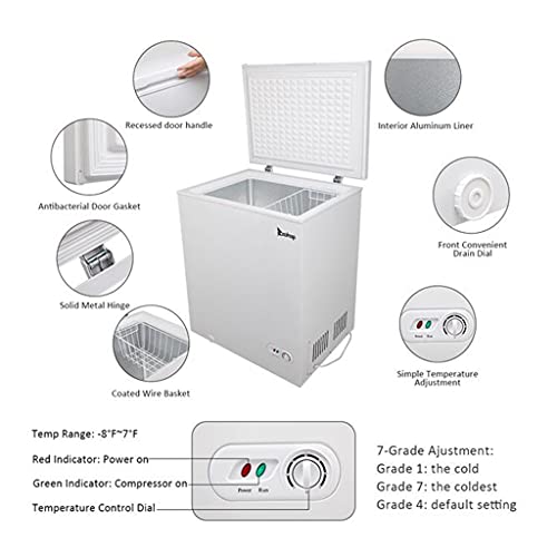 ZOKOP 5.0 Cu.ft Chest Freezer 7℉to -8℉with Removable Basket Free Standing Top Open Door Compact Freezer with Adjustable 7 Temperature/Power Saving UL Certified White