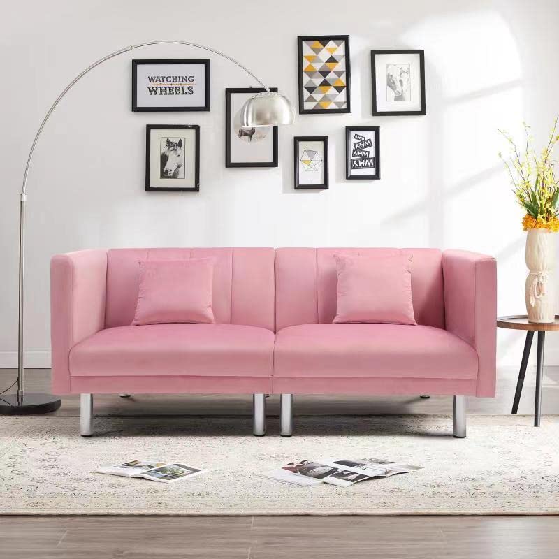 Futon Sofa, Loveseat Sofa, Convertible Sleeper Pink Velvet, with Metal Legs and Detachable Armrests