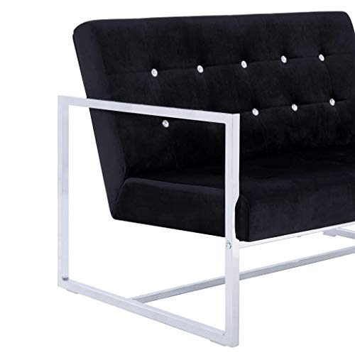 2-Seater Sofa with Armrests | Modern 2-Seat Sofa Couch with Metal Legs | Polyester Living Room Sofa with Wooden Frame | Black Velvet with Chrome Legs 44.9