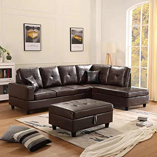 GAOJUCHUANG Faux Leather Sectional Sofa, Tufted Cushions for Home Living Room Furniture Set, Modern L-Shape Sofá PU Corner Couch W/Right Chaise Lounge & Storage Ottoman, Easy to Assemble (Brown)