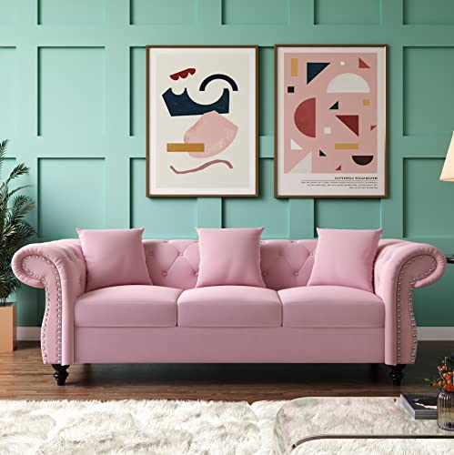 Merax Chesterfield Sets Loveseat Couch for Living Room with Button Tufted Design and 3 Pillows, Velvet Upholstered Sofas, 3-Seat, Pink