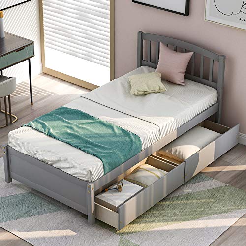 Harper & Bright Designs Twin Bed Frame Platform Bed with Storage Drawers Solid Wood Bed for Kids Teens Girls Boys, Easy Assembly, Gray