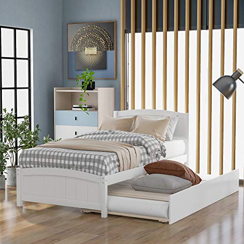 Harper & Bright Designs Twin Bed Frame with Trundle Kids Platform Twin Bed with Pull Out Trundle Solid Wood Bed,White