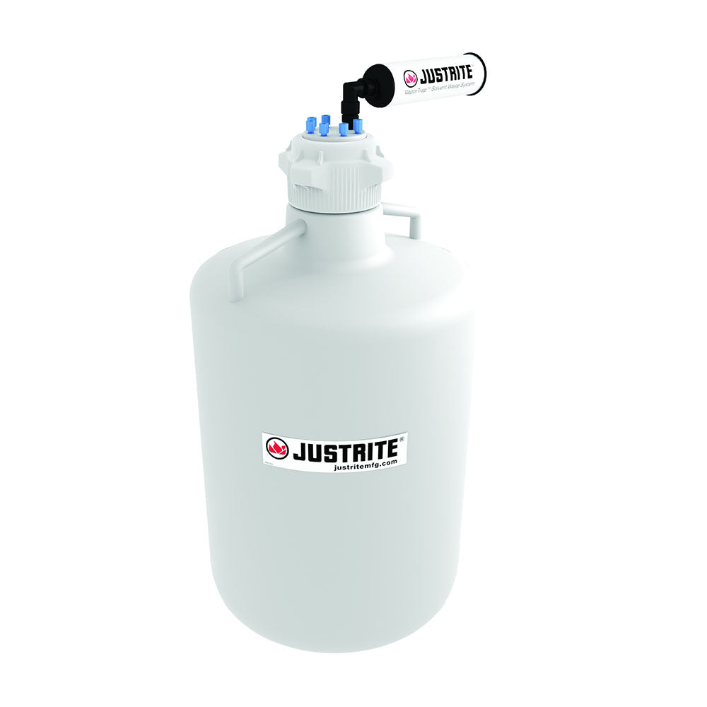 Justrite VaporTrap™ Carboy with Filter Kit, 20L RND HDPE, 83mm Cap, 6 Ports 1/8