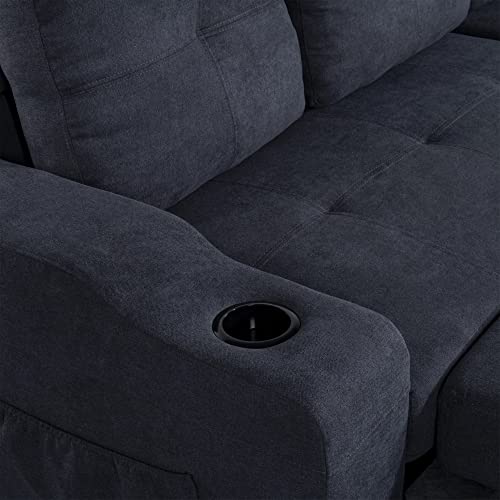 STARTOGOO Modern Linen Sectional Sleeper Sofa Bed Convertible L-Shape Couch with Storage Chaise Lounge,Side Pockets,Cup Holders,2 Pillows for Living Room Apartment Furniture, Dark Gray
