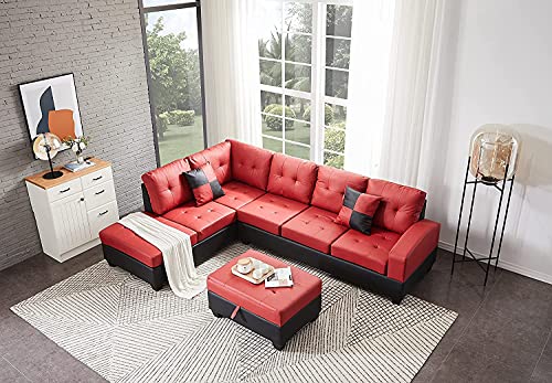GAOPAN Red Pu Leather Sectional Sofa Couch W/Storage Ottoman & Reversible Chaise Lounge for Living Room Furniture Set, L-Shaped Tufted Cushion Corner Sofá with Two Cup Holders and 2 Pillows