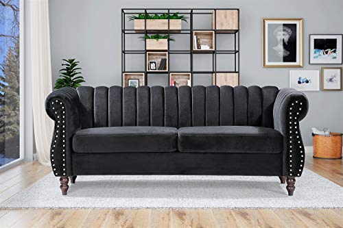 Container Furniture Direct Quinones Modern Nailhead Trim Channel Tufted Chesterfield Rolled Arms, Sofa, Midnight Black