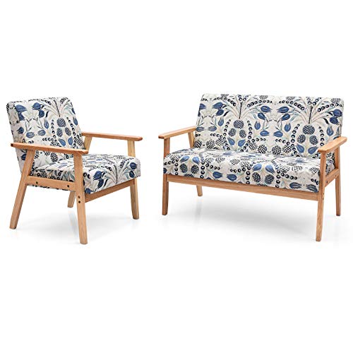 POWERSTONE Upholstered Loveseat and Accent Chair Set, Modern Fabric Arm Chair and 2-Seat Wooden Loveseat Sofa Couch for Living Room, Dinning Room and Office (Blue, Loveseat Set)