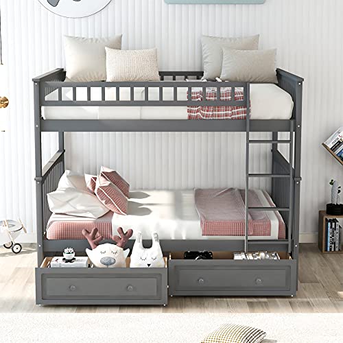 Full Over Full Bunk Bed with Drawers, Wooden Bunk Bed Frame, for Kids Teens Adults - Gray