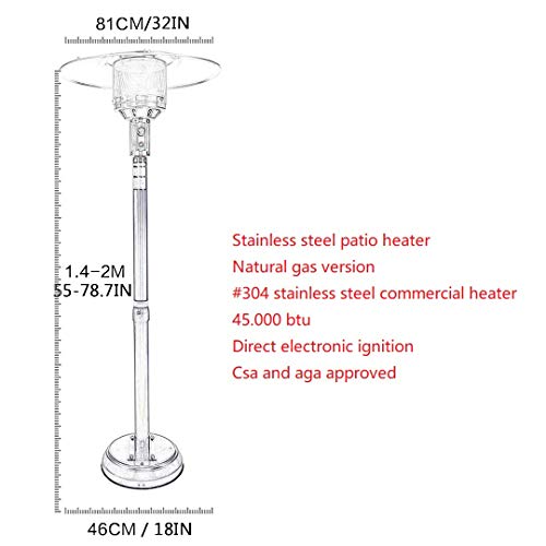 Patio Heater Natural Gas Standing Stainless Steel Commercial Patio Heater Adjustable Height with Hose 45000Btu