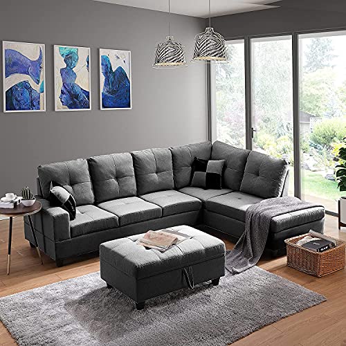UNIROI Light Grey Modern Large Sectional, L Shaped Corner Couch Chaise Lounge, Storage Ottoman and 2 Pillows Sofa Set for Living Room Furniture, Right-Dark