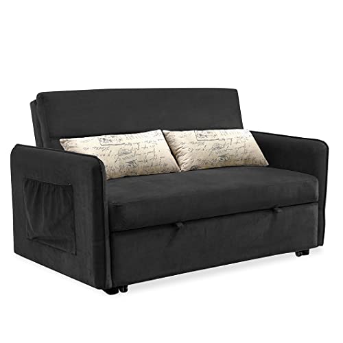57'' Pull Out Sofa Bed,Velvet Couch Bed with Side Pockets,Adjustable Backrest and 2 Pillows,Modern Sofa Sleeper Couch for Livingroom,Apartment,Black