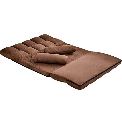 Takefuns Double Chaise Lounge Sofa Floor Couch and Sofa with Two Pillows for Living Room(Brown) A