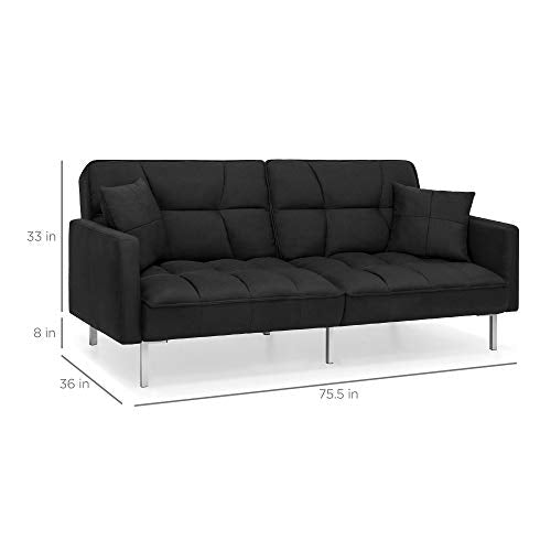 Best Choice Products Convertible Linen Fabric Tufted Split-Back Plush Futon Sofa Furniture for Living Room, Apartment, Bonus Room, Overnight Guests w/ 2 Pillows, Wood Frame, Metal Legs - Black