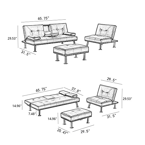 GAOFEIYANG 3pcs Sofa Bed Living Room Furniture Set, 2 Seating Faux Leather Convertible Folding Couch with Cup Holders Removable Armrest,Single Chair with Ottoman