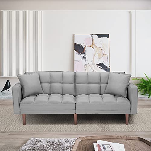 Futon Sofa Bed - Convertible Futon Couch with 2 Pillows - Luxurious Sofa Sleeper - Comfortable Foam Seat, Sturdy Wooden Frame - Full Size Sofabed, Love Seat, Gaming Couch for Living Room (Light Grey)
