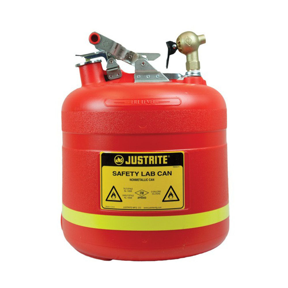 Justrite 5-Gallon, Polyethylene Dispensing Safety Can, Stainless Steel Hardware, Top Self-Close Brass Faucet, Flame Arrester