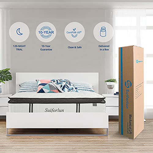 Suiforlun Queen Mattress – 12 Inch Luxury Pillow Top Hybrid Mattress, Gel Memory Foam and Individually Encased Coils Innerspring Mattress, Medium Firm, Back Pain Relief, CertiPUR-US, Queen Size