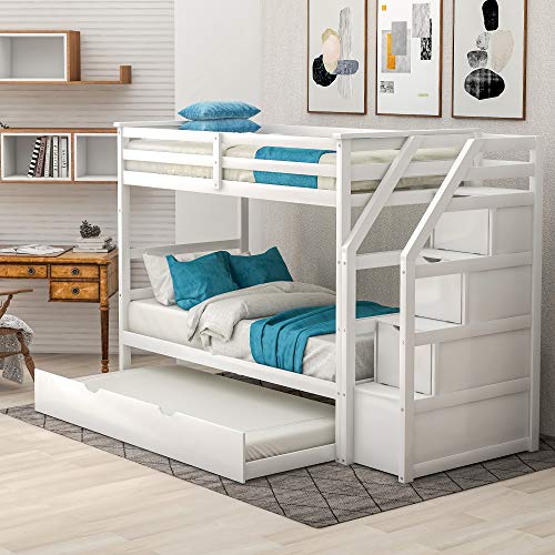 Bunk Bed Twin-Over-Twin, Wood Twin Bunk Bed for Kids with Trundle with Storage Drawers (White Bunk Bed)