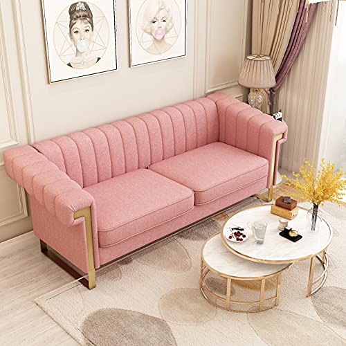 Mid-Century Channel Tufted Velvet Loveseat Sofa,Contemporary Upholstered Sofa Couch,Traditional Chesterfield Sectional Sofa with Scroll Arms & Stainless Steel Base for Living Room Bedroom Apartment