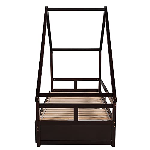 Extending Daybed with Two Drawers, Wooden House Bed Tent Bed with Drawers, No Box Spring Needed, Espresso