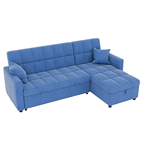 MGH Reversible Sectional Sofa Sleeper, 82'' Wide Sectional Sofa Couch, Pull-Out Sofa Bed L-Shape Sectional Storage Chaise for Living Room Apartment (Blue) (LV7047)