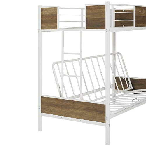 Bunk Bed with Futon ,Twin Over Futon Bunk Bed Easy Conversion to Twin Over Full Bunk Beds, Metal Futon Bunk Bed with Guardrails and Ladder, White