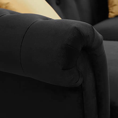 66'' Velvet Upholstered Living Room Tufted Loveseat/Couch with Roll Arms and 2 Toss Pillows, Black