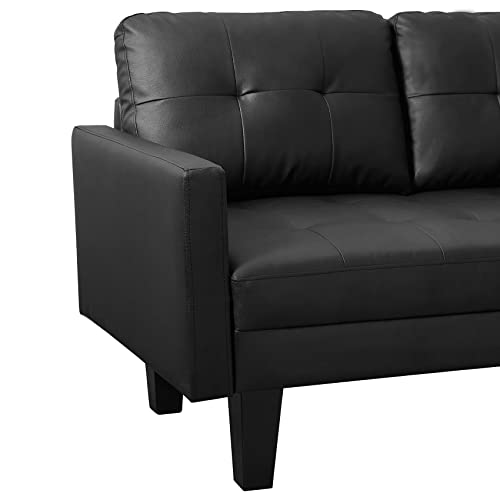 L Shape Sectional Sofa Couch with Ottoman Bench, Olela Sectional 3 Seat Sofa Set,Reversible Chaise Lounge Tufted Faux Leather Black
