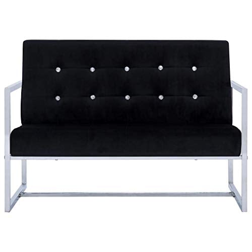 2-Seater Sofa with Armrests | Modern 2-Seat Sofa Couch with Metal Legs | Polyester Living Room Sofa with Wooden Frame | Black Velvet with Chrome Legs 44.9